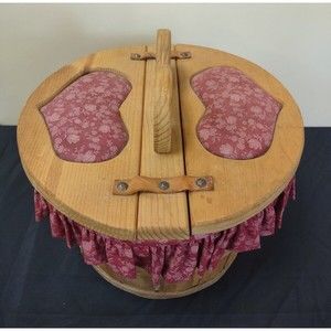 Vintage Large Heart Cushioned Sewing Basket With Lid And Liner